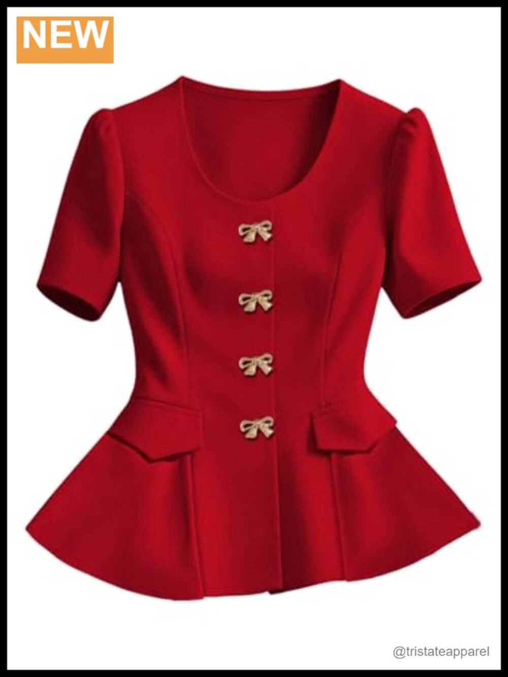 Red Metal Bow Peplum Blouse Short Sleeve Button Down Crew Neck